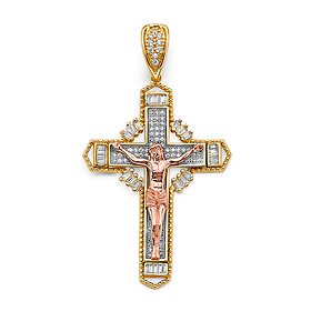 Ornate CZ Celtic Crucifix Pendant in 14K Tricolor Gold Solid - Medium
