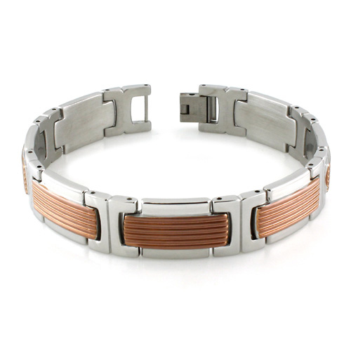 Contemporary Two-Tone Grill Pattern Link Stainless Steel Bracelet Slide 0