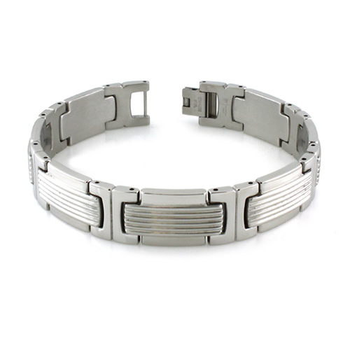 Contemporary Grill Pattern Link Stainless Steel Bracelet Slide 0
