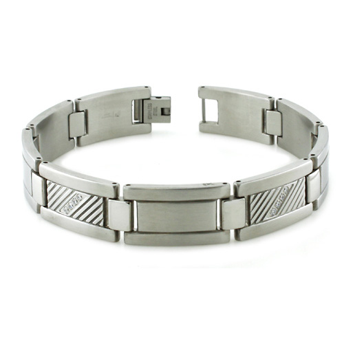 Lateral Groove Brush Finish Stainless Steel Bracelet Slide 0