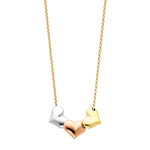 14K TriGold Heart Hanging 1.5mm Rolo Cable Chain Necklace Slide 0