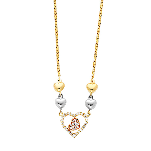 14K 3 TriGold CZ Cubic Zirconia Heart Hanging 1.5mm Round Box Chain Necklace Slide 0