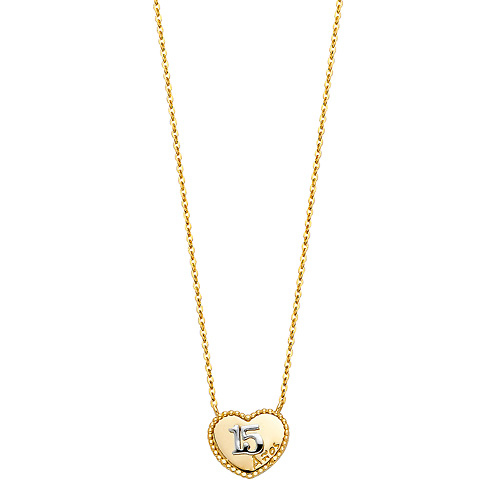 Floating Quinceanera 15 Anos Milgrain Heart Necklace in 14K Two-Tone Gold Slide 1