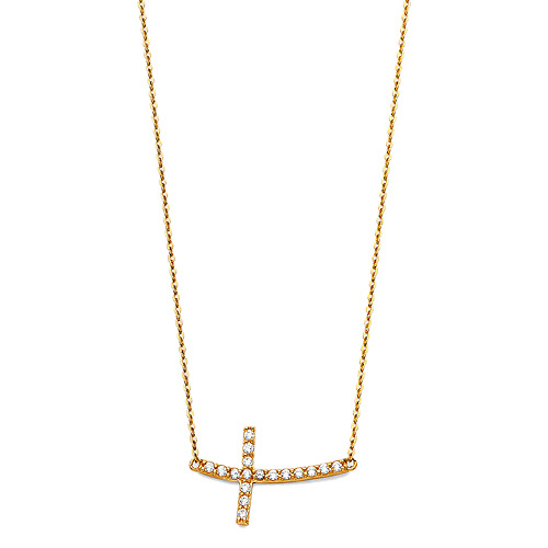 Curved CZ Sideways Cross Floating Charm Necklace in 14K Yellow Gold Slide 1