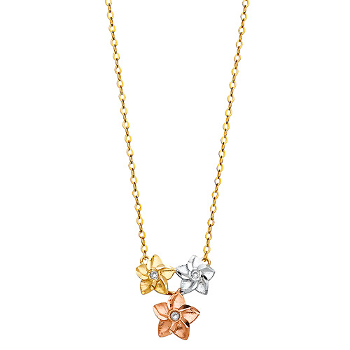 Tropical Flower CZ Trio Floating Pendant Necklace in 14K TriGold Slide 1