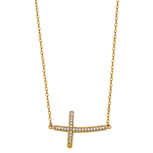 Floating Curved Micropave CZ Sideways Cross Necklace in 14K Yellow Gold Slide 1