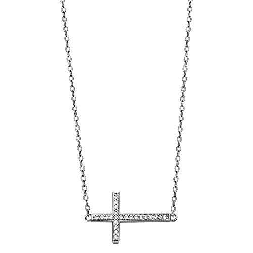 Floating Sideways Cross Necklace with Micropave CZs in 14K White Gold Slide 1