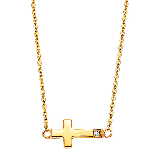 Floating Mini Sideways Cross Necklace with CZ Accent in 14K Yellow Gold Slide 1