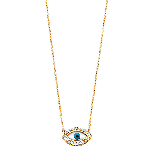 Floating Round-Cut CZ Evil Eye Necklace in 14K Yellow Gold Slide 1