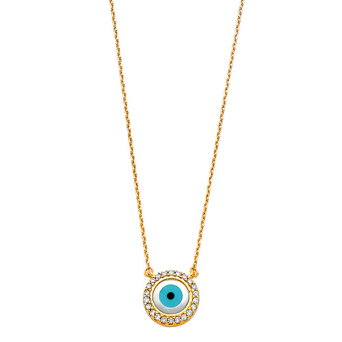 Floating CZ Circle Evil Eye Necklace in 14K Yellow Gold Slide 1