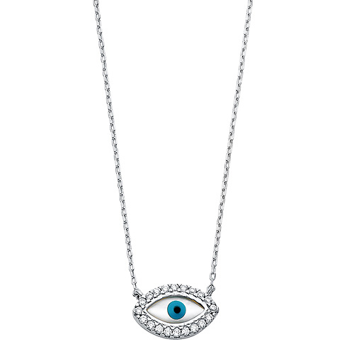 Floating Round-Cut CZ Evil Eye Necklace in 14K White Gold Slide 1