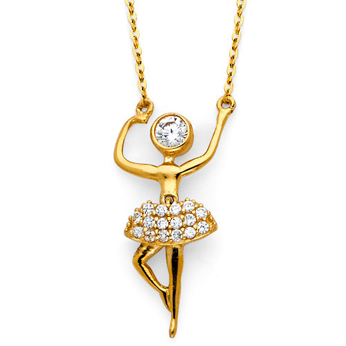 14K Yellow Gold Floating CZ Pirouetting Ballerina Necklace Slide 0