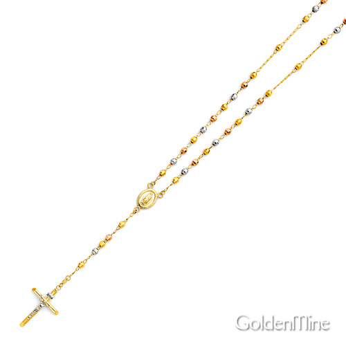 4mm Mirrorball Bead Our Lady of Guadalupe Rosary Necklace in 14K Tricolor Gold 26in Slide 3