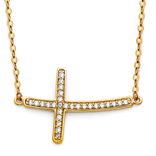 Floating Curved Micropave CZ Sideways Cross Necklace in 14K Yellow Gold Slide 0