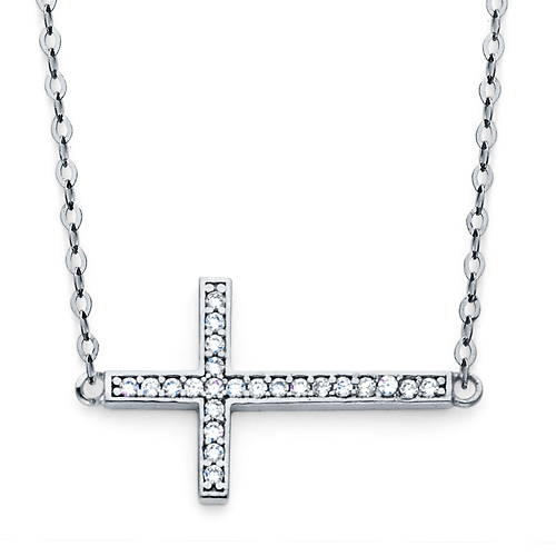 Floating Sideways Cross Necklace with Micropave CZs in 14K White Gold Slide 0