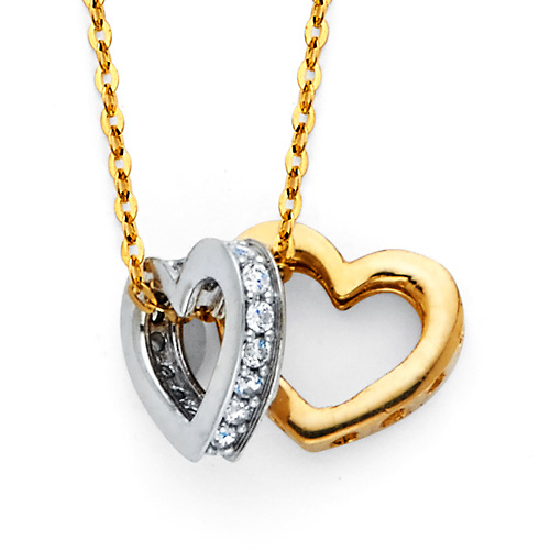 Duo Heart CZ Charm Necklace in 14K Two-Tone Gold Slide 0