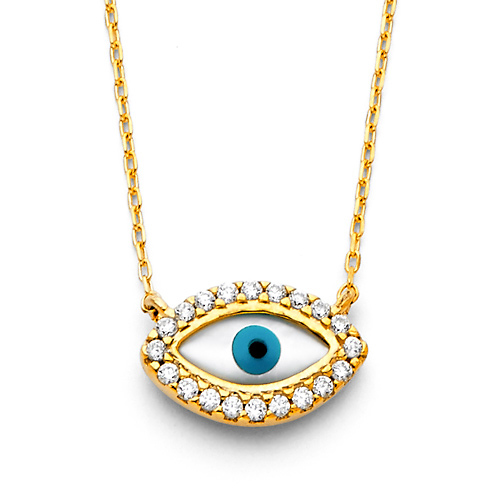 Floating Round-Cut CZ Evil Eye Necklace in 14K Yellow Gold Slide 0