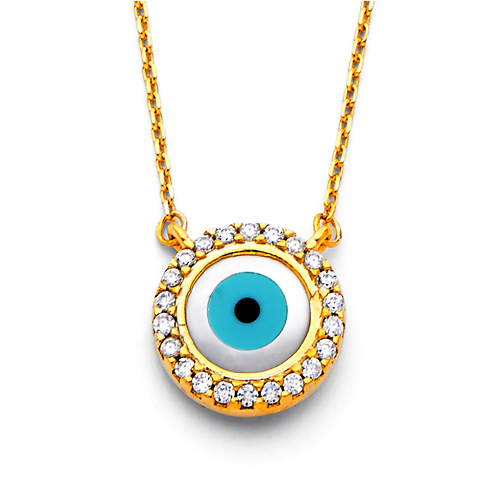 Floating CZ Circle Evil Eye Necklace in 14K Yellow Gold Slide 0