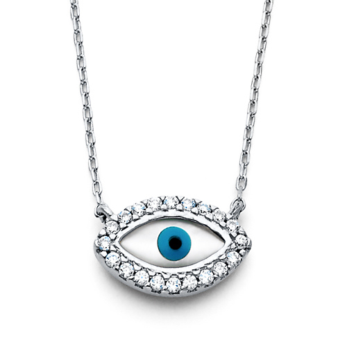 Floating Round-Cut CZ Evil Eye Necklace in 14K White Gold Slide 0