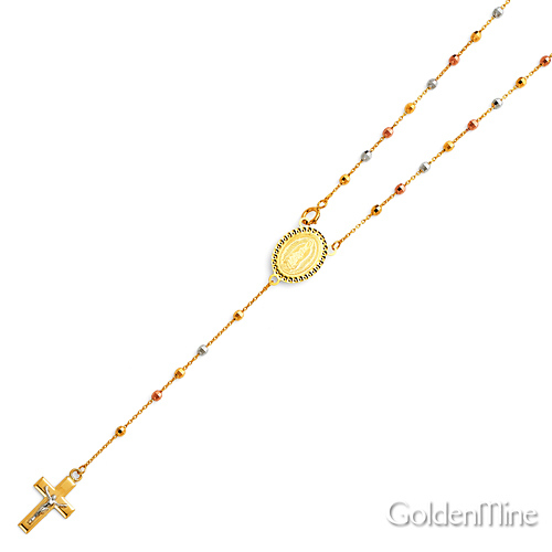 2.5mm Mirrorball Bead Our Lady of Guadalupe Rosary Necklace in 14K Tricolor Gold 20in Slide 3