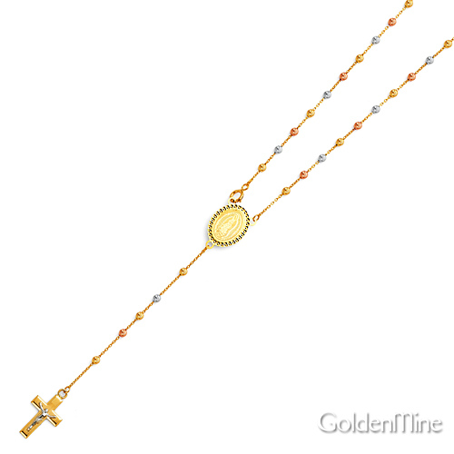 2.5mm Moon-Cut Bead Our Lady of Guadalupe Rosary Necklace in 14K Tricolor Gold 20in Slide 3
