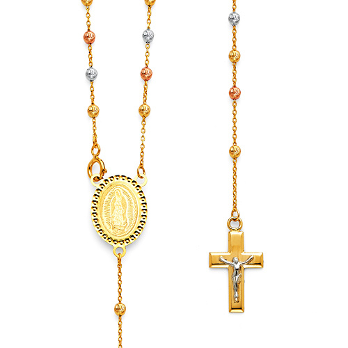 2.5mm Moon-Cut Bead Our Lady of Guadalupe Rosary Necklace in 14K Tricolor Gold 20in Slide 0