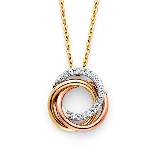 CZ Trinity Infinity Rings Necklace in 14K Tricolor Gold Slide 0