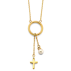 Christian Cross Pearl Lariat Necklace - 14K Yellow Gold Solid
