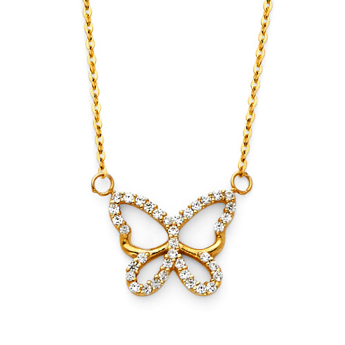 Floating Open CZ Butterfly Charm Necklace - 14K Yellow Gold Slide 0