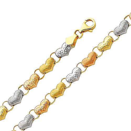 Tri-Color Diamond Cut Stampato Heart 14K Gold Bracelet 5mm Slide 0