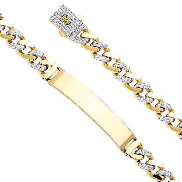 9.5mm MONACO CHAIN 14K Yellow Gold Men's  CZ Cuban Curb Bracelet with Plain ID 8.5in Slide 0