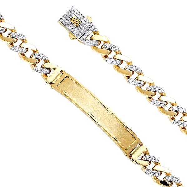 9.5mm MONACO CHAIN 14K Yellow Gold Men's  CZ Cuban Curb Bracelet with Frame ID 8.5in Slide 0