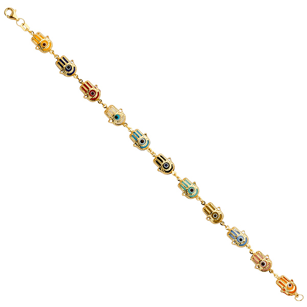 Multicolored Hamsa Evil Eye Charms Bracelet - 14K Yellow Gold 7.5in Slide 1