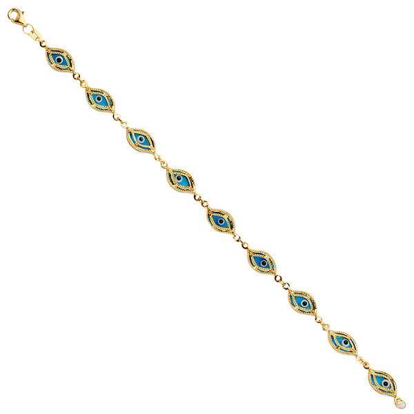 Floating Blue Evil Eye Charms Bracelet - 14K Yellow Gold 7.5in Slide 1