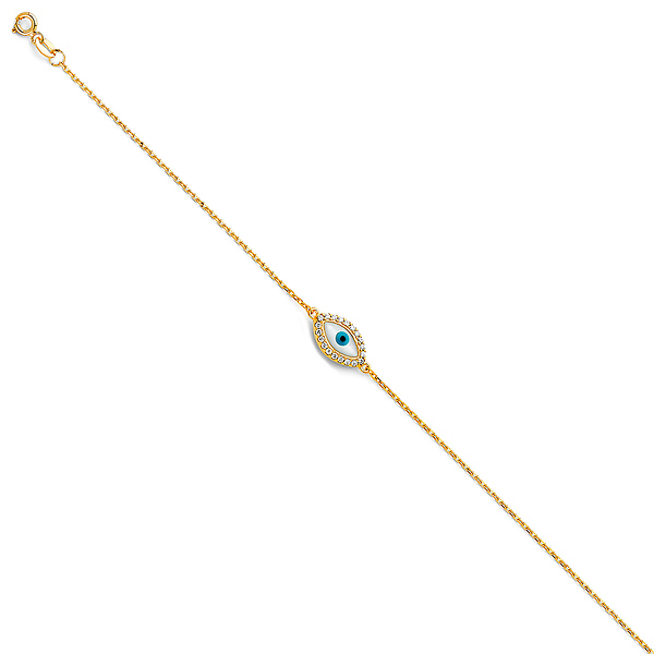 Floating CZ Evil Eye Charm Link Bracelet - 14K Yellow Gold Slide 1