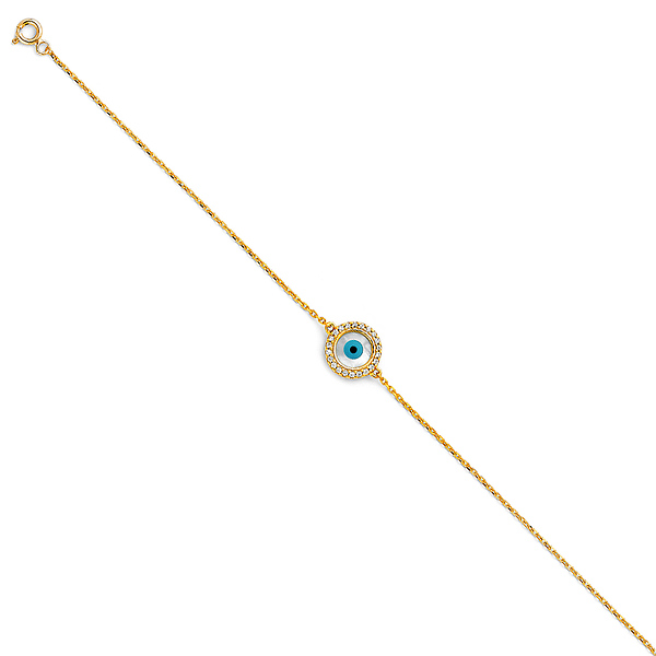 Floating CZ Round Evil Eye Charm Link Bracelet - 14K Yellow Gold Slide 1