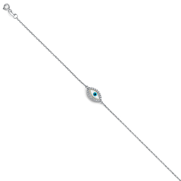 Floating CZ Evil Eye Charm Link Bracelet - 14K White Gold Slide 1