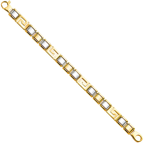 Men's 10mm 14K Two-Tone Gold Fancy Greek Key Square Link Bracelet 8in Slide 2