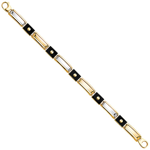 8mm Men's 14K Two-Tone Gold Black Enamel Rectangle Peg Link Bracelet 8in Slide 2