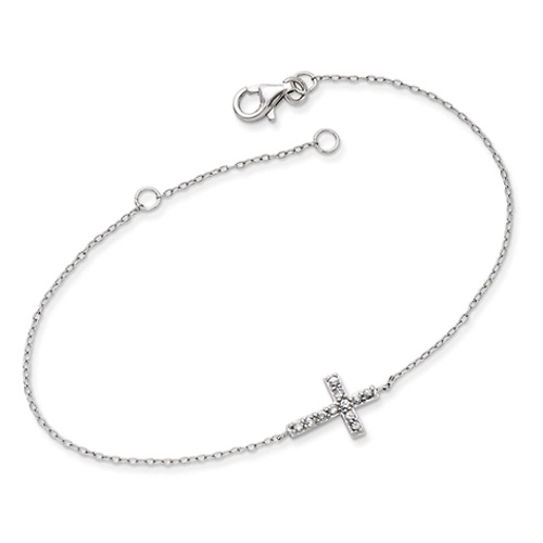 Sterling Silver CZ Sideways Cross Bracelet With 1in Extension Slide 0
