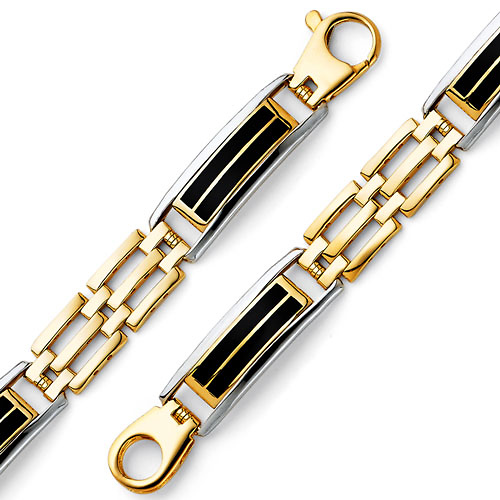 Men's 10mm 14K Two-Tone Gold Black Enamel Rectangle Mesh Link Bracelet 8in Slide 0