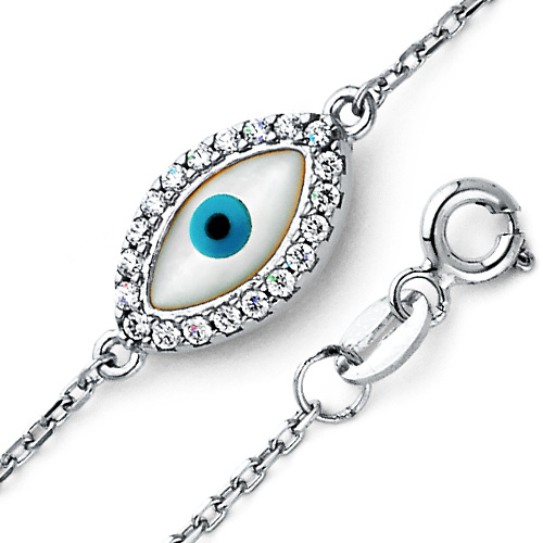 Floating CZ Evil Eye Charm Link Bracelet - 14K White Gold Slide 0