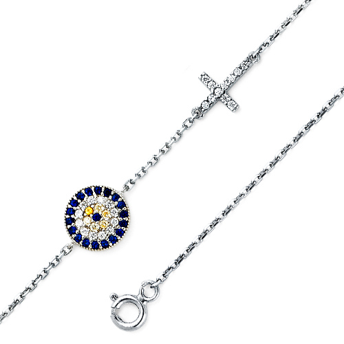 Blue CZ Round Evil Eye & Cross Charm Bracelet - 14K White Gold Slide 0