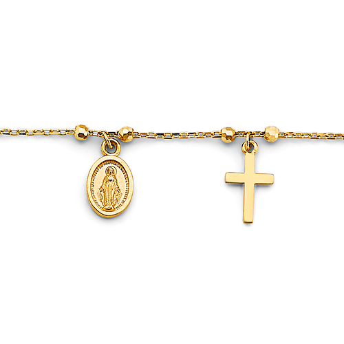 Cross & Our Lady of Guadalupe Medal Charm Bracelet in 14K Yellow Gold Solid Slide 1