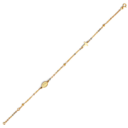 Sidways Cross & Our Lady of Guadalupe Medal Charm Bracelet in 14K Yellow Gold Slide 1
