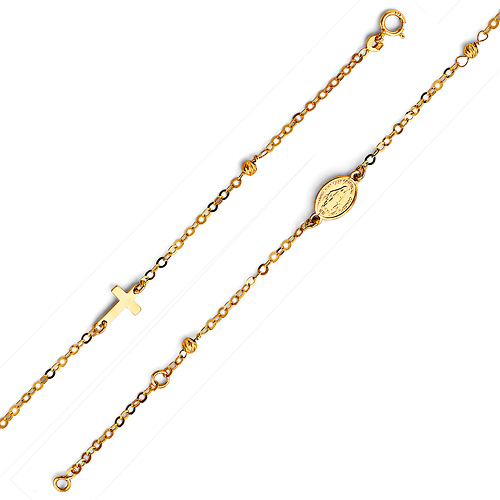 Sidways Cross & Our Lady of Guadalupe Medal Charm Bracelet in 14K Yellow Gold Slide 0