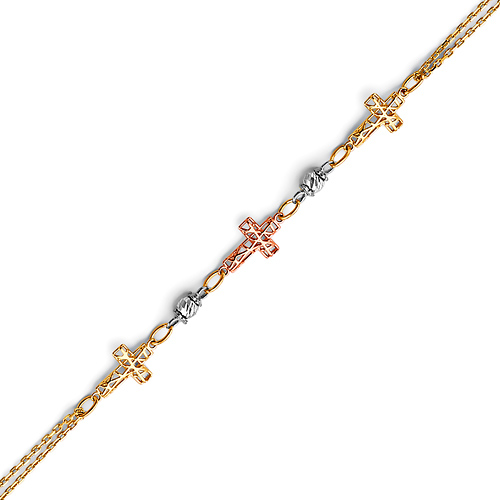 Tri Open-Cut Sidways Cross Bracelet in 14K Tricolor Gold Solid Slide 0