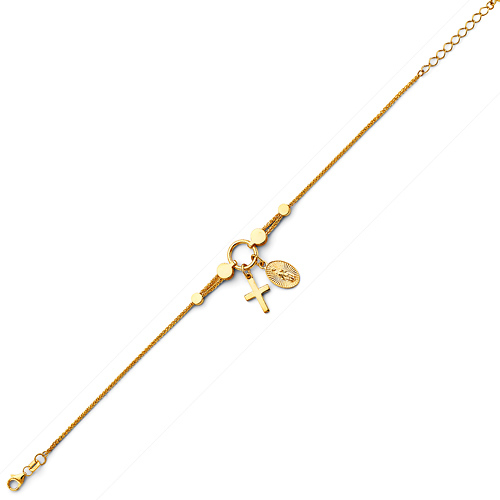 Dangling Cross & Our Lady of Guadalupe Medal Charm Bracelet in 14K Yellow Gold Slide 1
