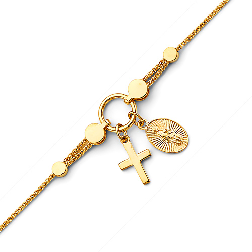 Dangling Cross & Our Lady of Guadalupe Medal Charm Bracelet in 14K Yellow Gold Slide 0