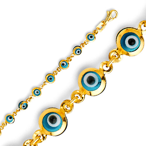 Sky Blue Round Evil Eye Charms Bracelet - 14K Yellow Gold 7in Slide 0